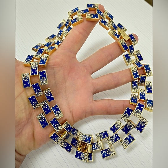 Rare Lulu Frost Signed Blue Enamel Gold Statement Necklace 17” Excellent Cond. - Picture 12 of 17